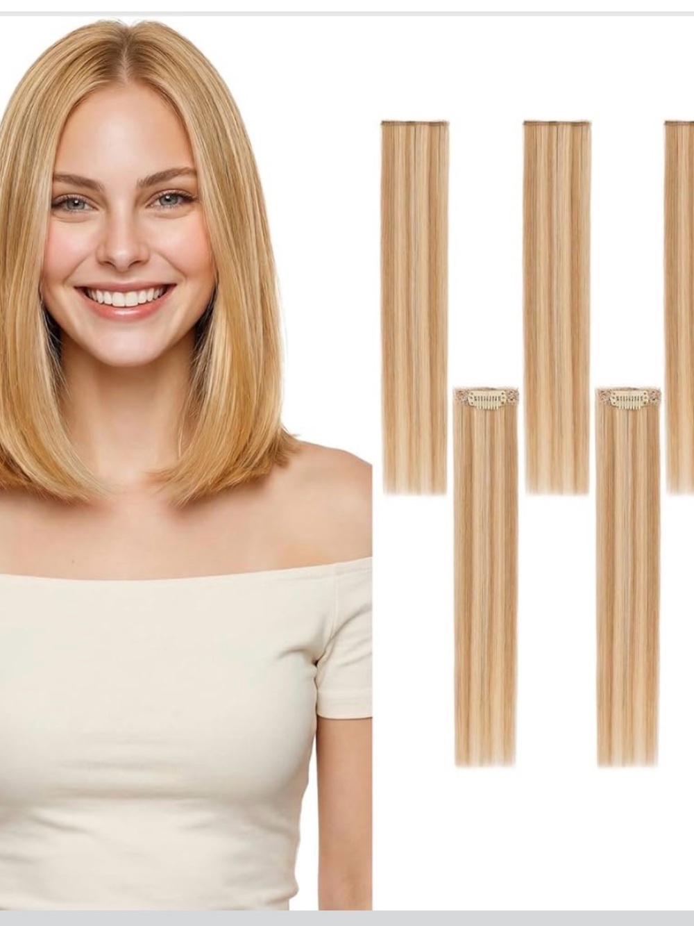 Tesshair 6PCS Clip in Hair Extensions Human Hair,12” golden brown &bleach blonde